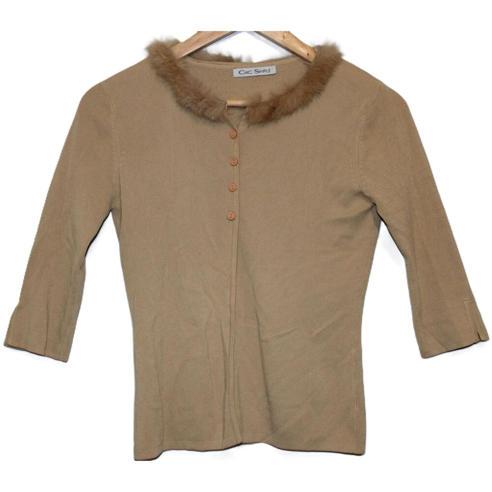 NWOT Chic Simple Yellow Gold Fur Collar Button Down Cardigan Sweater Size Small